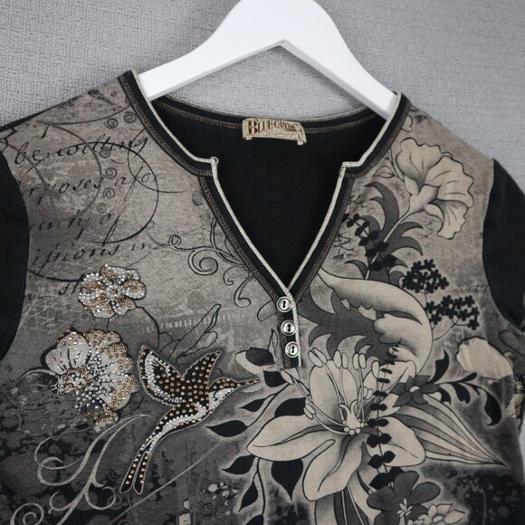 Blue Canyon Made in USA Embellished Floral V Neck Shirt Womens Large - Picture 3 of 8